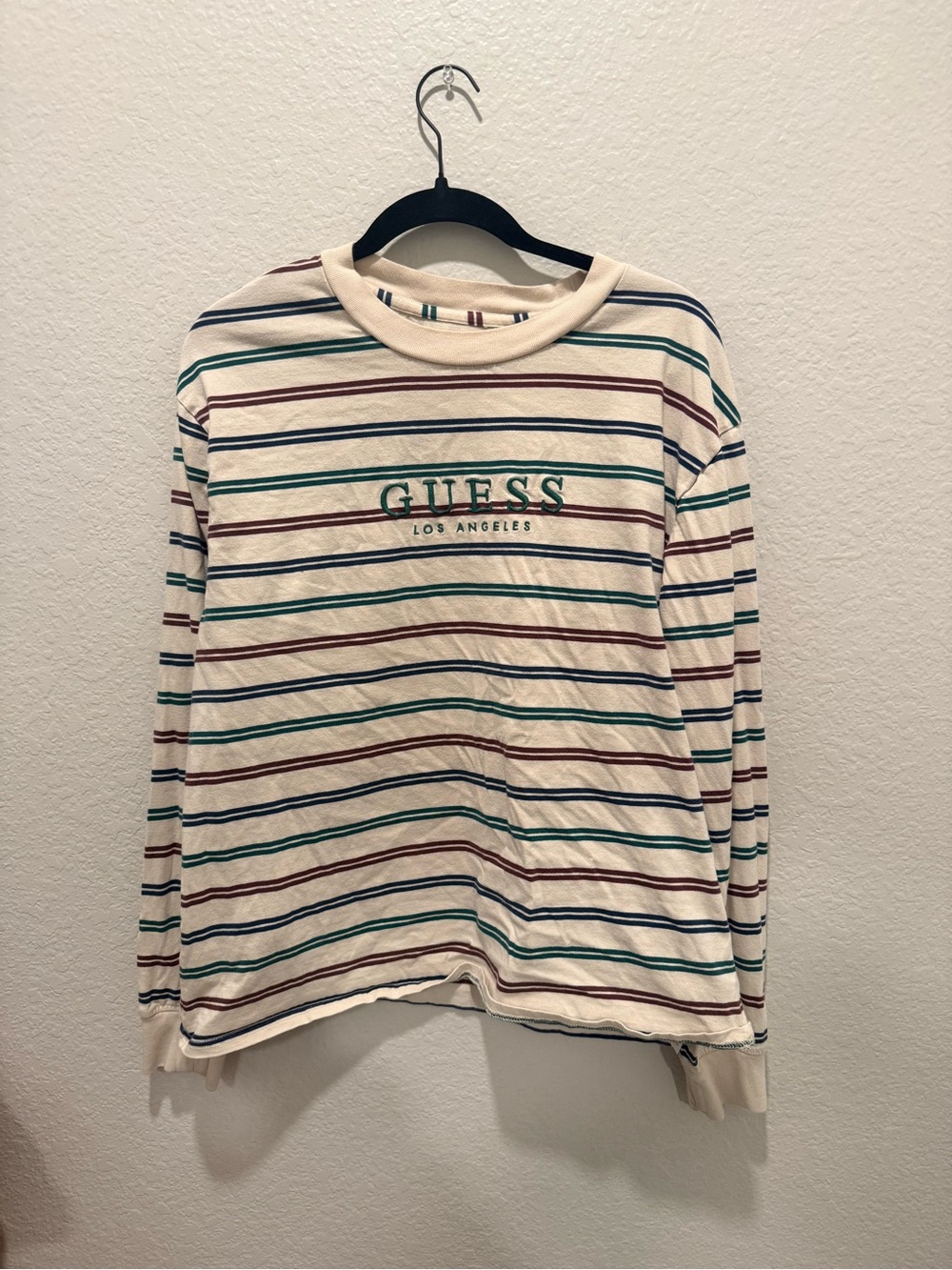 GUESS Cream Long Sleeve Striped Tee with Green Logo